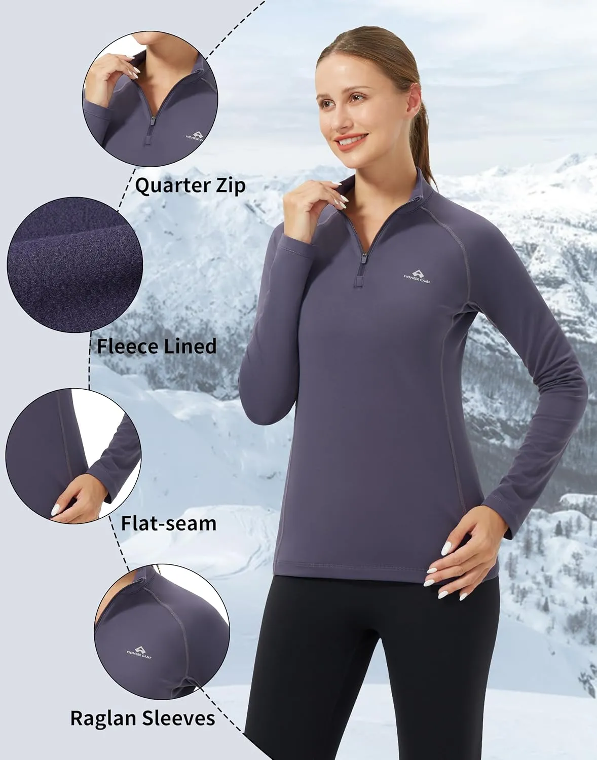 Pioneer Camp Women's Quarter Zip Pullover Long Sleeve Thermal Fleece Lining Lightweight Athletic Tops for Running Golf