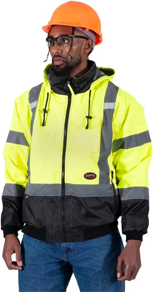 Pioneer Hi Vis Safety Bomber for Men - Waterproof, Reflective ANSI Class 3 Winter Rain Jacket with Detachable Hood