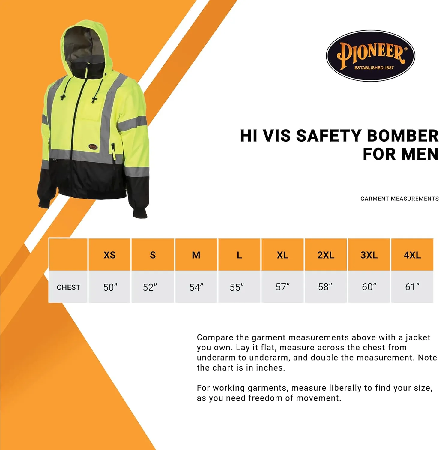 Pioneer Hi Vis Safety Bomber for Men - Waterproof, Reflective ANSI Class 3 Winter Rain Jacket with Detachable Hood