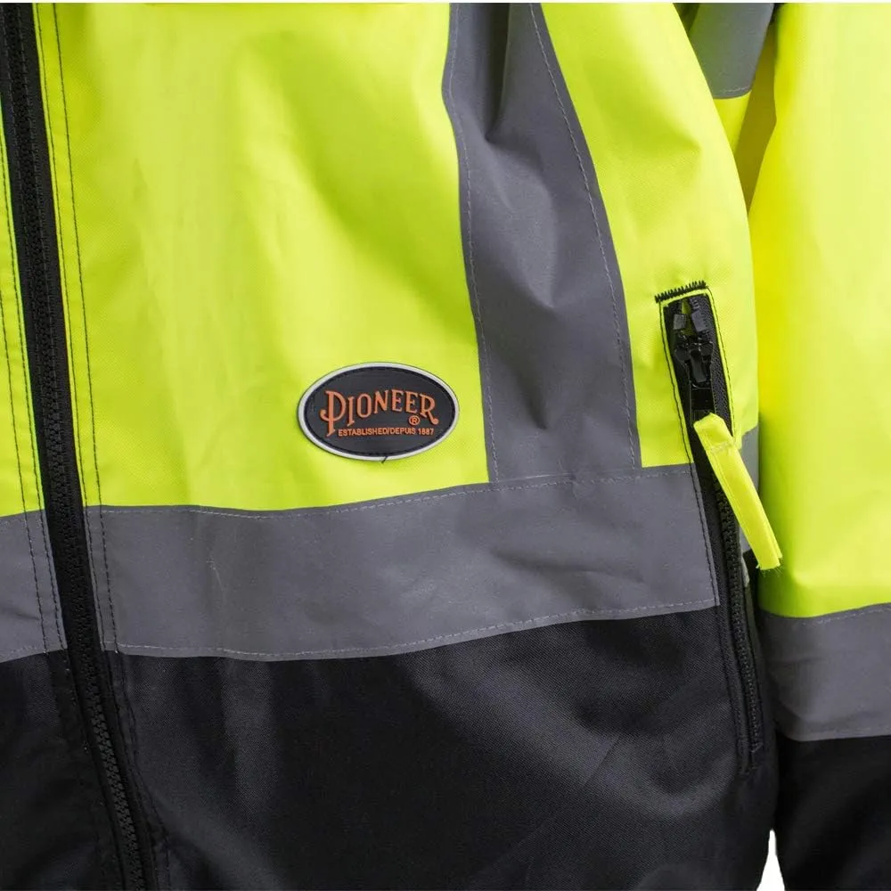 Pioneer Hi Vis Safety Bomber for Men - Waterproof, Reflective ANSI Class 3 Winter Rain Jacket with Detachable Hood
