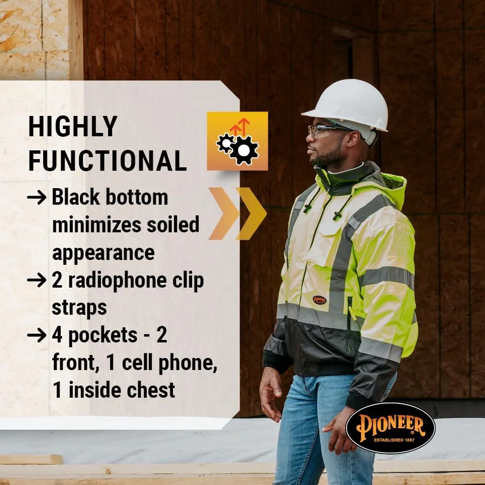 Pioneer Hi Vis Safety Bomber for Men - Waterproof, Reflective ANSI Class 3 Winter Rain Jacket with Detachable Hood