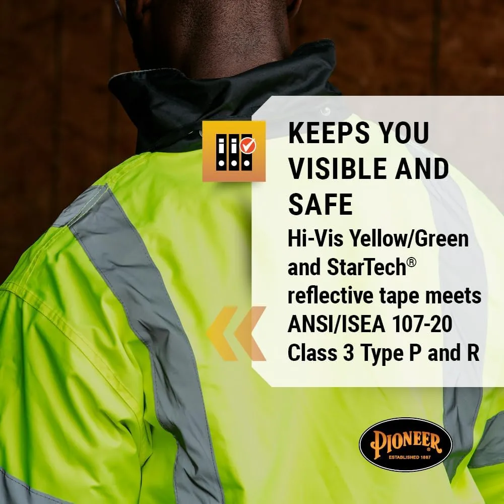 Pioneer Hi Vis Safety Bomber for Men - Waterproof, Reflective ANSI Class 3 Winter Rain Jacket with Detachable Hood