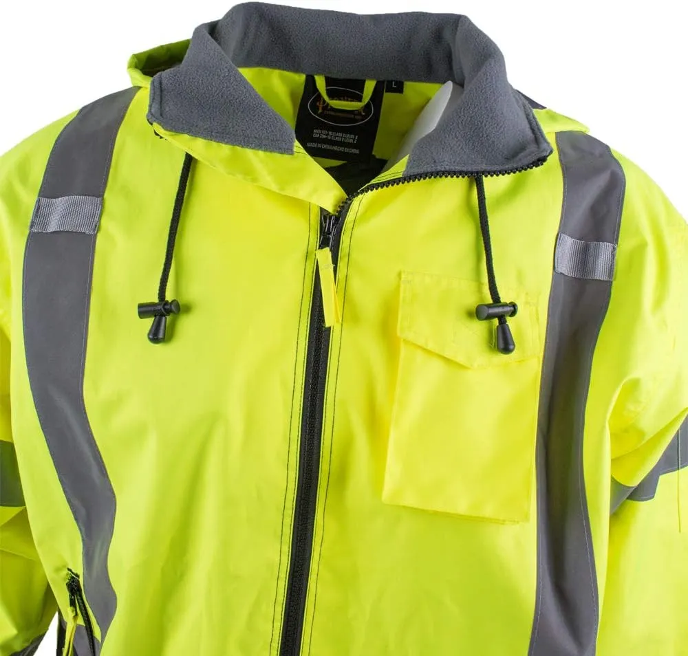 Pioneer Hi Vis Safety Bomber for Men - Waterproof, Reflective ANSI Class 3 Winter Rain Jacket with Detachable Hood