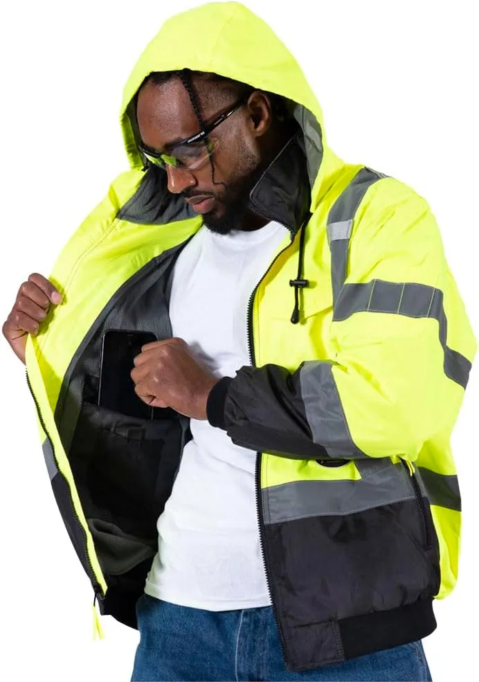 Pioneer Hi Vis Safety Bomber for Men - Waterproof, Reflective ANSI Class 3 Winter Rain Jacket with Detachable Hood