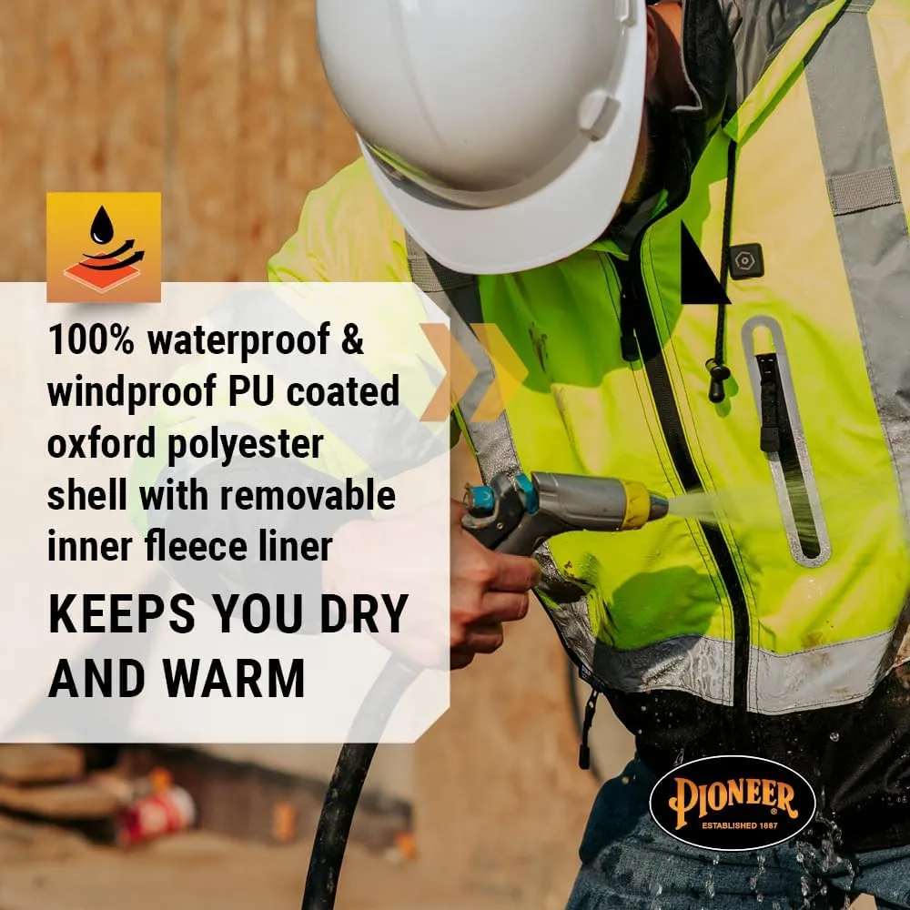 Pioneer Hi Vis Safety Bomber for Men - Waterproof, Reflective ANSI Class 3 Winter Rain Jacket with Detachable Hood