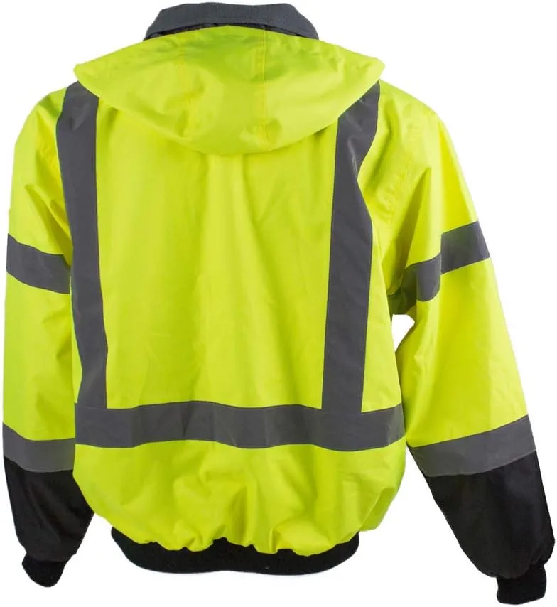 Pioneer Hi Vis Safety Bomber for Men - Waterproof, Reflective ANSI Class 3 Winter Rain Jacket with Detachable Hood