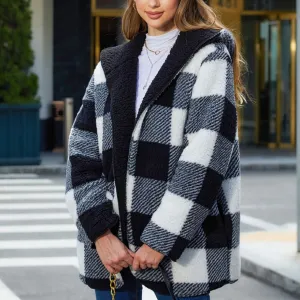 Plaid Buttonless Cardigan Hooded Reversible Plush Jacket Wholesale Womens Clothing N3823111600045