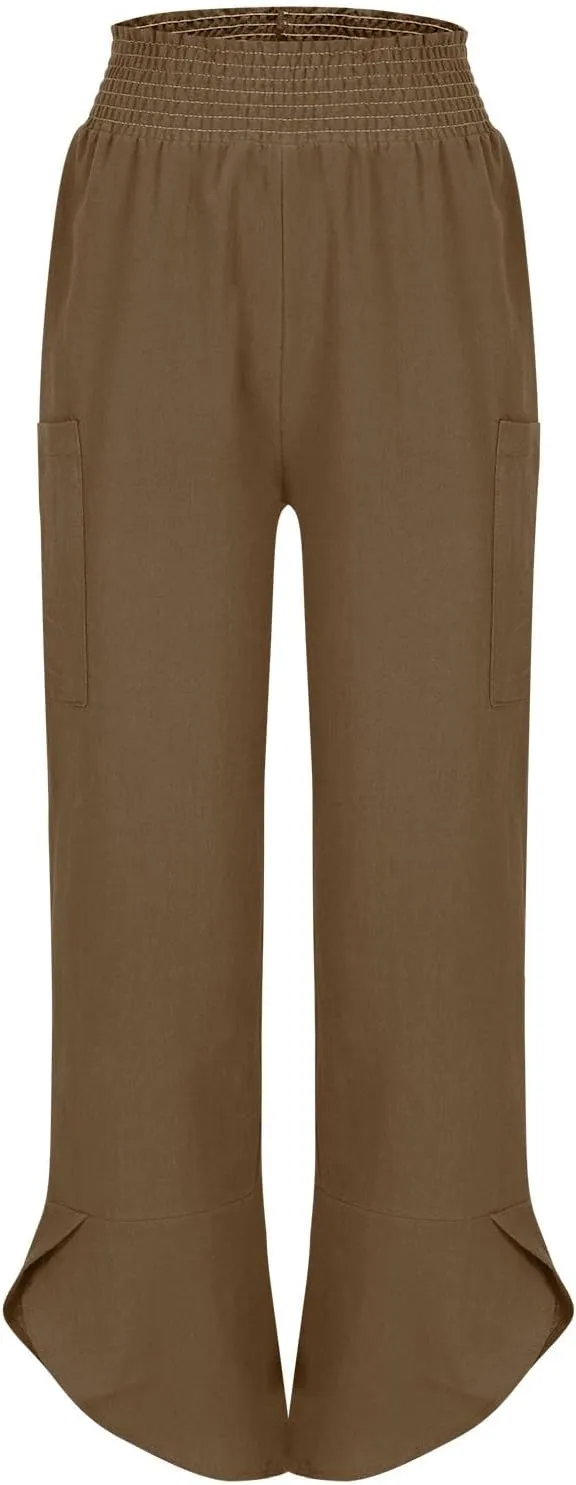 Plus Size Womens Linen Pants Summer Loose Wide Leg Harem Trousers Casual Elastic Waist Colorblock Beach Palazzo