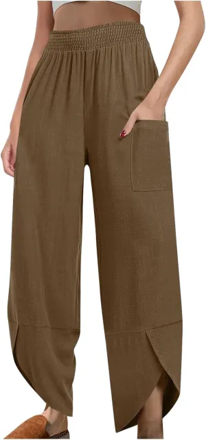Plus Size Womens Linen Pants Summer Loose Wide Leg Harem Trousers Casual Elastic Waist Colorblock Beach Palazzo