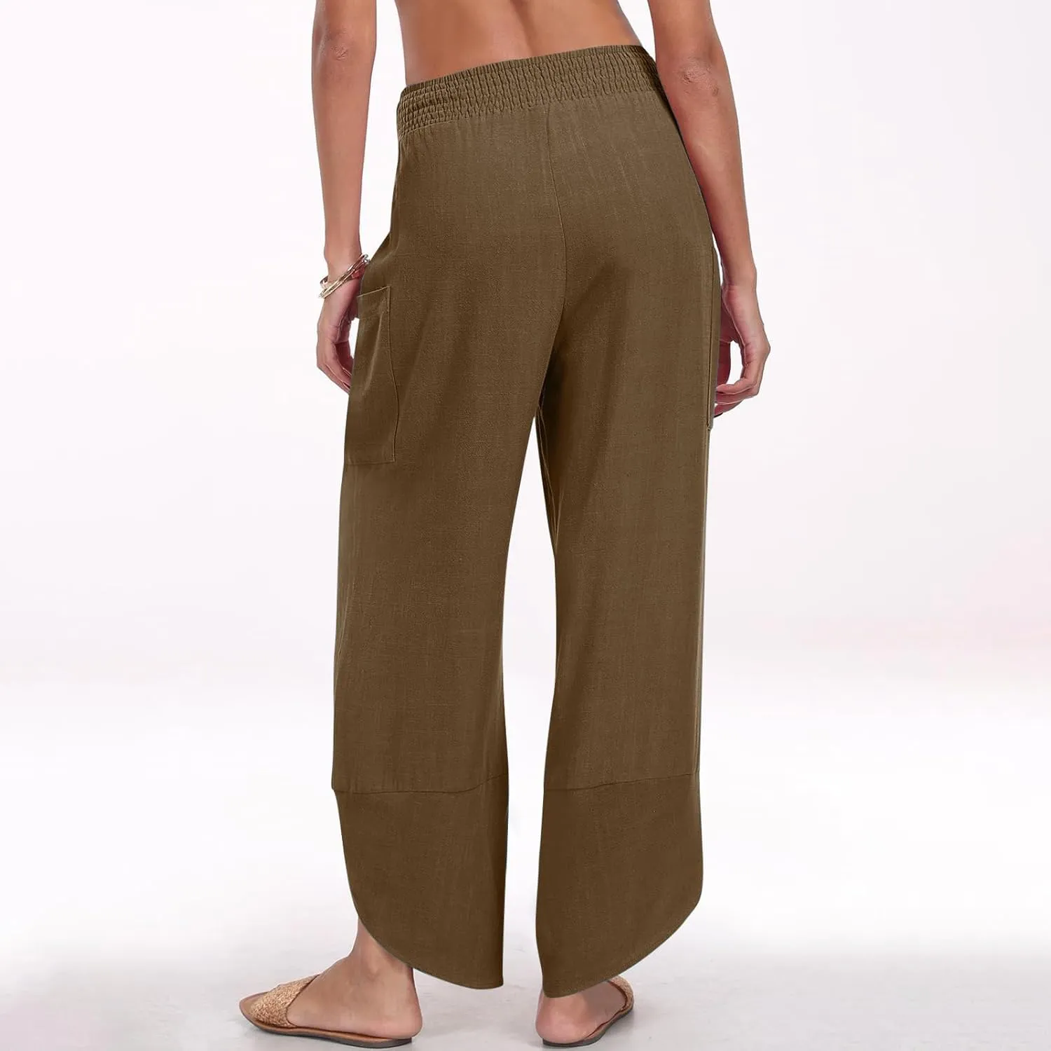 Plus Size Womens Linen Pants Summer Loose Wide Leg Harem Trousers Casual Elastic Waist Colorblock Beach Palazzo