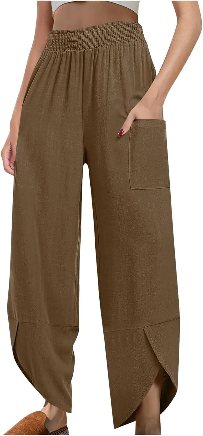 Plus Size Womens Linen Pants Summer Loose Wide Leg Harem Trousers Casual Elastic Waist Colorblock Beach Palazzo