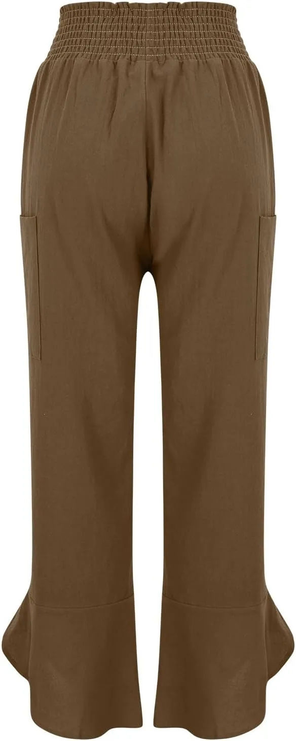 Plus Size Womens Linen Pants Summer Loose Wide Leg Harem Trousers Casual Elastic Waist Colorblock Beach Palazzo