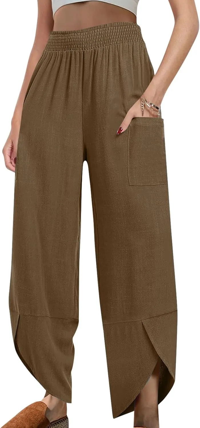 Plus Size Womens Linen Pants Summer Loose Wide Leg Harem Trousers Casual Elastic Waist Colorblock Beach Palazzo