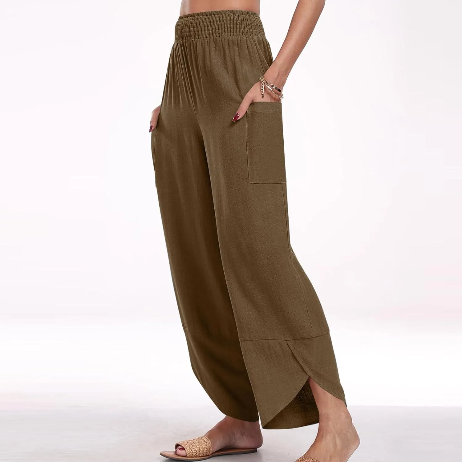Plus Size Womens Linen Pants Summer Loose Wide Leg Harem Trousers Casual Elastic Waist Colorblock Beach Palazzo