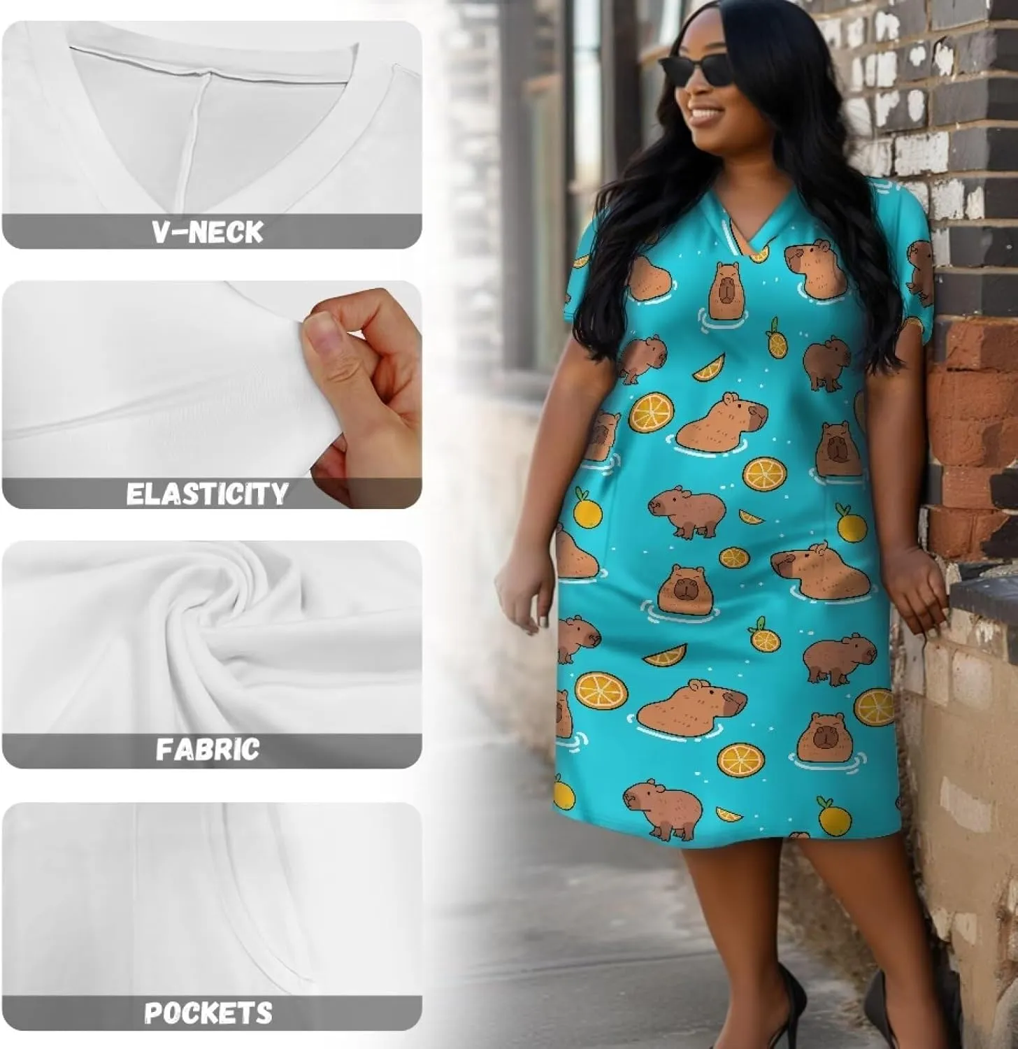 POLERO Plus Size Dress for Women Short Sleeve Midi Dress with Pockets Casual V Neck Tshirt Dresses