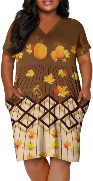 POLERO Plus Size Dress for Women Short Sleeve Midi Dress with Pockets Casual V Neck Tshirt Dresses
