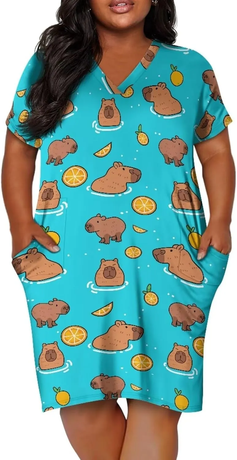 POLERO Plus Size Dress for Women Short Sleeve Midi Dress with Pockets Casual V Neck Tshirt Dresses