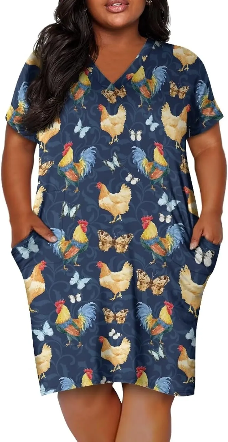 POLERO Plus Size Dress for Women Short Sleeve Midi Dress with Pockets Casual V Neck Tshirt Dresses