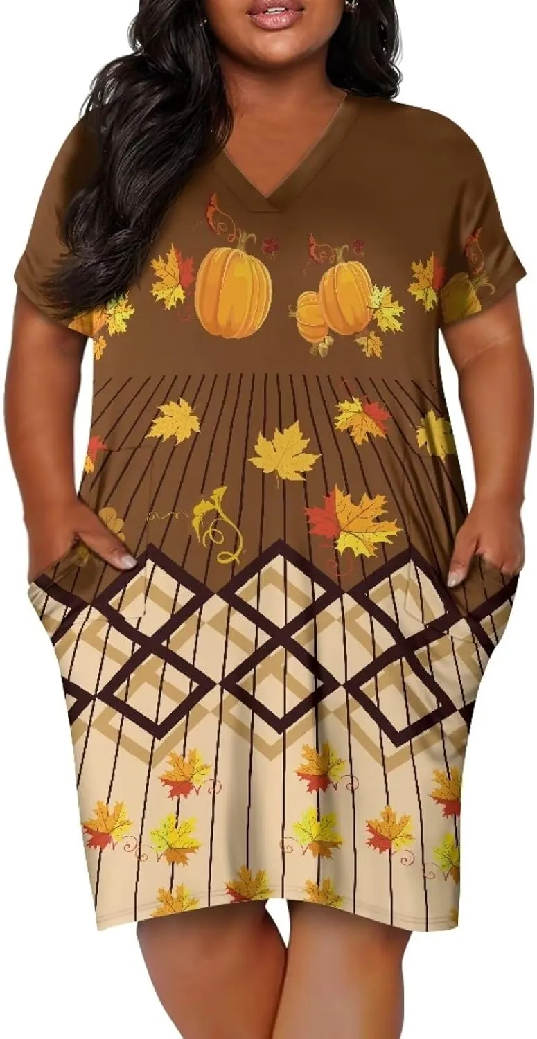 POLERO Plus Size Dress for Women Short Sleeve Midi Dress with Pockets Casual V Neck Tshirt Dresses