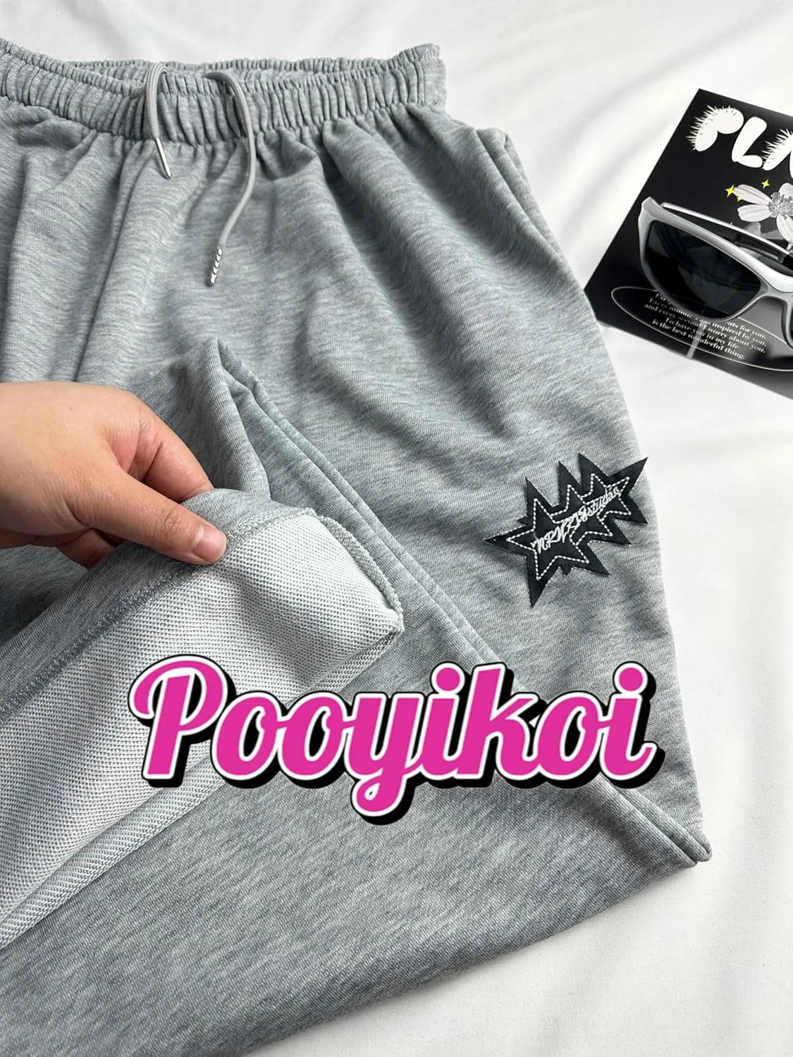 Pooyikoi Women Streetwear Sweatpants Drawstring Elastic Waist Loose Wide Leg Joggers Y2k Star Print Pants Harajuku Trousers