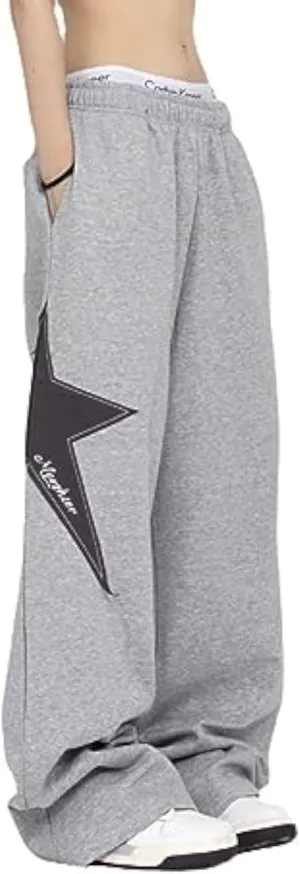 Pooyikoi Women Streetwear Sweatpants Drawstring Elastic Waist Loose Wide Leg Joggers Y2k Star Print Pants Harajuku Trousers