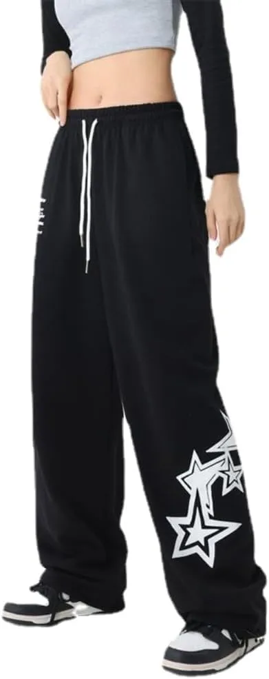 Pooyikoi Women Streetwear Sweatpants High Elastic Waist Loose Joggers Y2k Star Print Pants Harajuku Gothic Baggy Trousers
