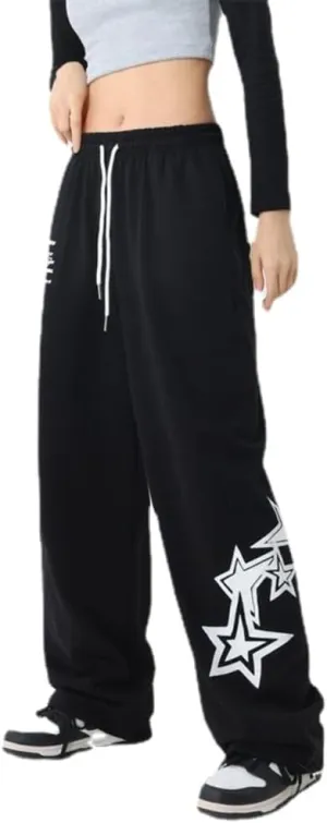 Pooyikoi Women Streetwear Sweatpants High Elastic Waist Loose Joggers Y2k Star Print Pants Harajuku Gothic Baggy Trousers