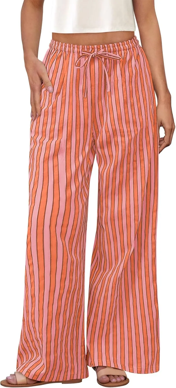 PRETTYGARDEN Women's Wide Leg Lounge Pants 2025 Summer Drawstring Elastic Waist Comfy Striped Pajama Bottoms Trendy Clothes