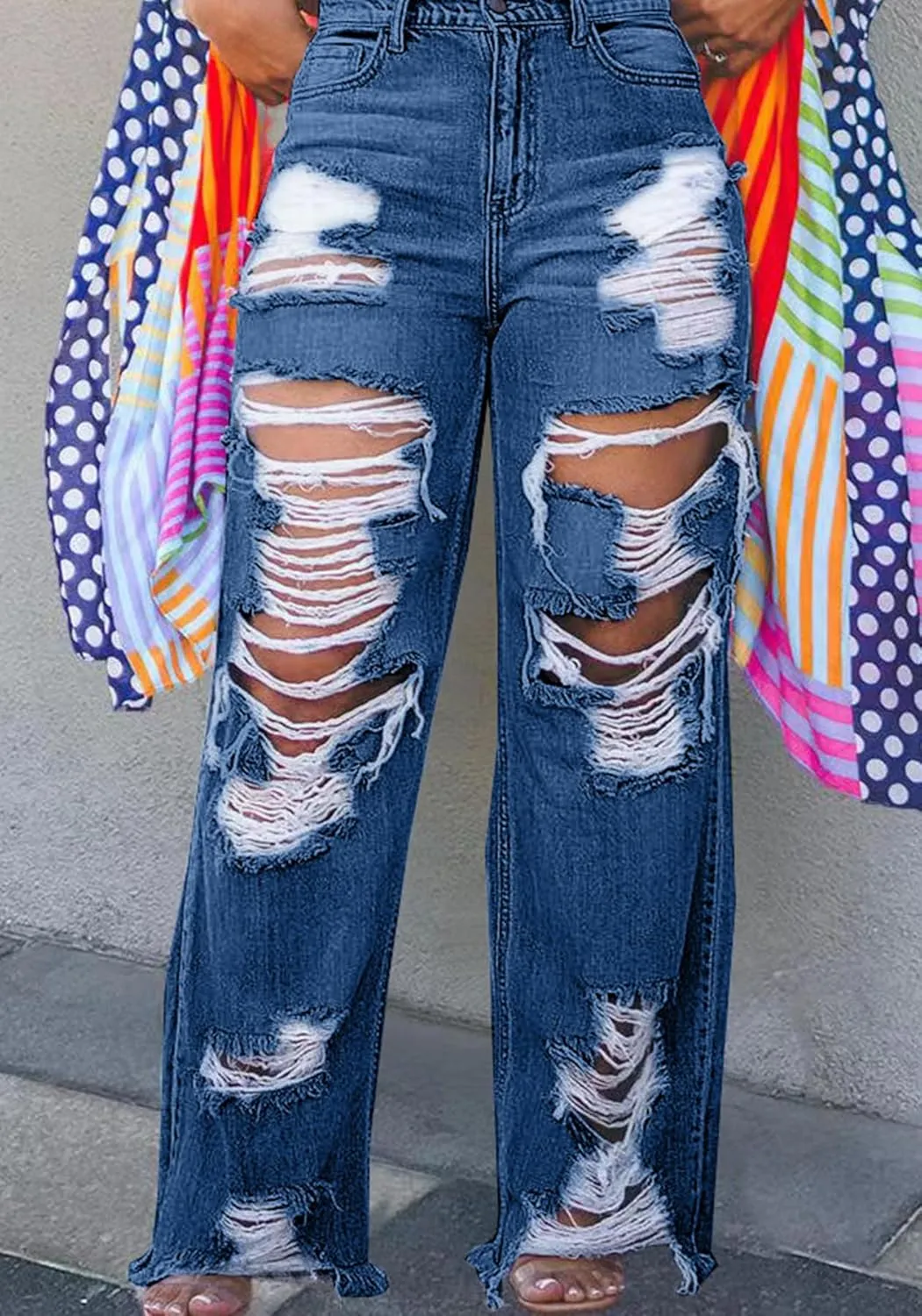 Ptorlio Women's Ripped Jeans Y2k Straight Wide Leg High Waisted Jean Distressed Baggy Denim Pants