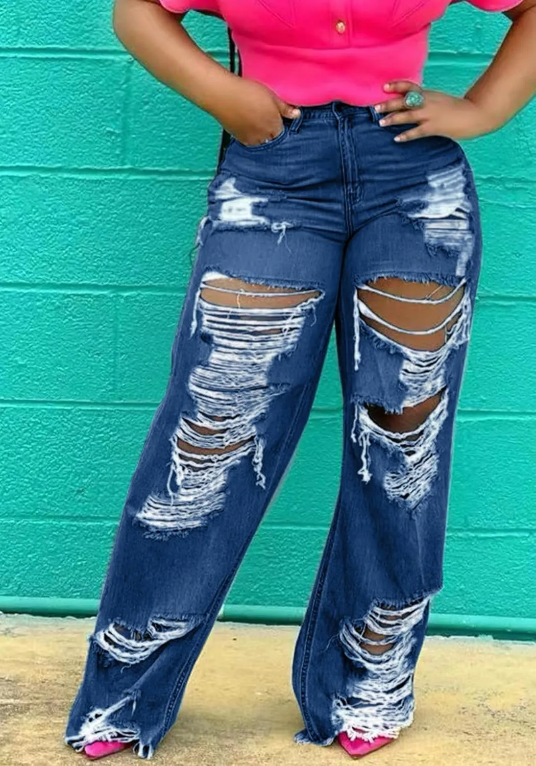 Ptorlio Women's Ripped Jeans Y2k Straight Wide Leg High Waisted Jean Distressed Baggy Denim Pants