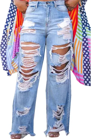 Ptorlio Women's Ripped Jeans Y2k Straight Wide Leg High Waisted Jean Distressed Baggy Denim Pants