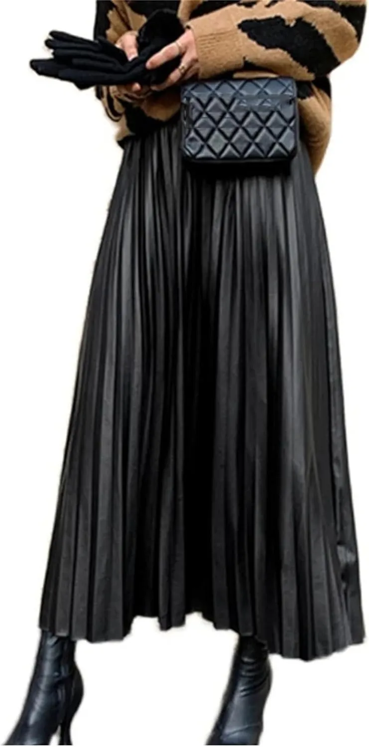 PU-Leather Pleated Skirt Women High Waist Fashion All-Match A-Line Mi-Long Skirt