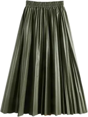 PU-Leather Pleated Skirt Women High Waist Fashion All-Match A-Line Mi-Long Skirt