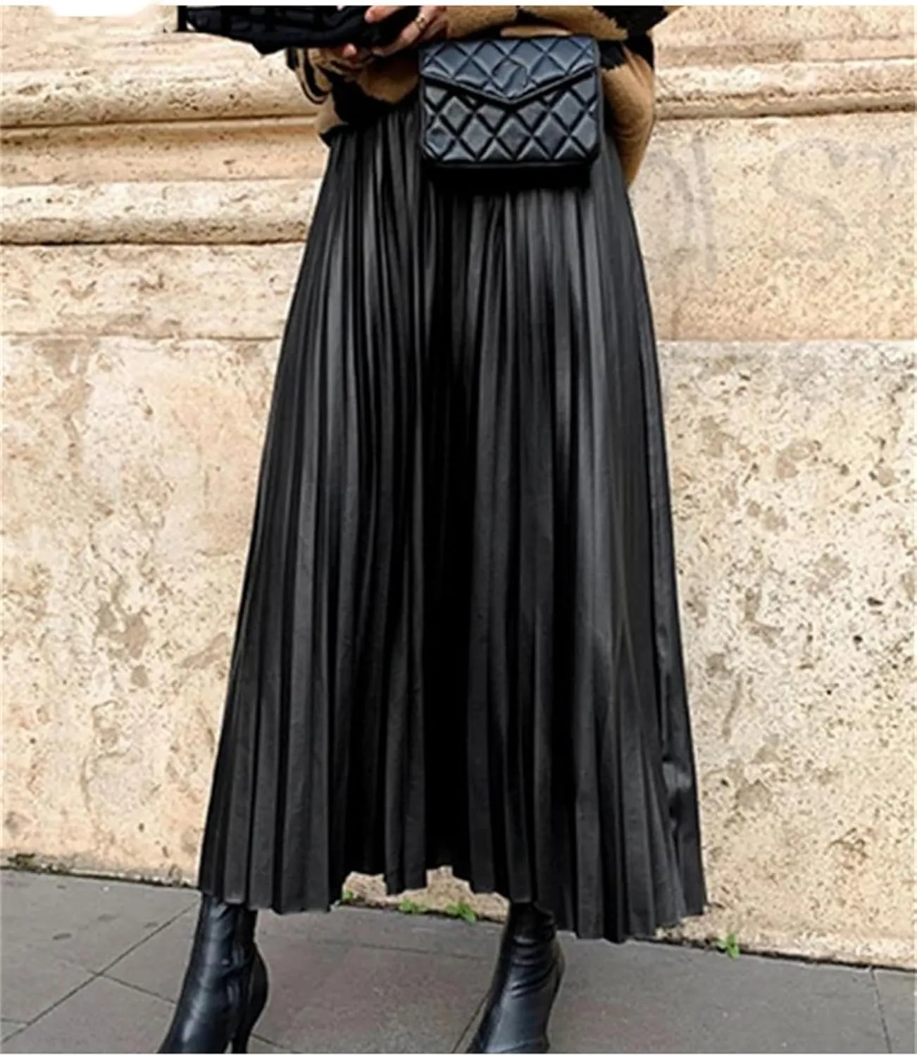 PU-Leather Pleated Skirt Women High Waist Fashion All-Match A-Line Mi-Long Skirt