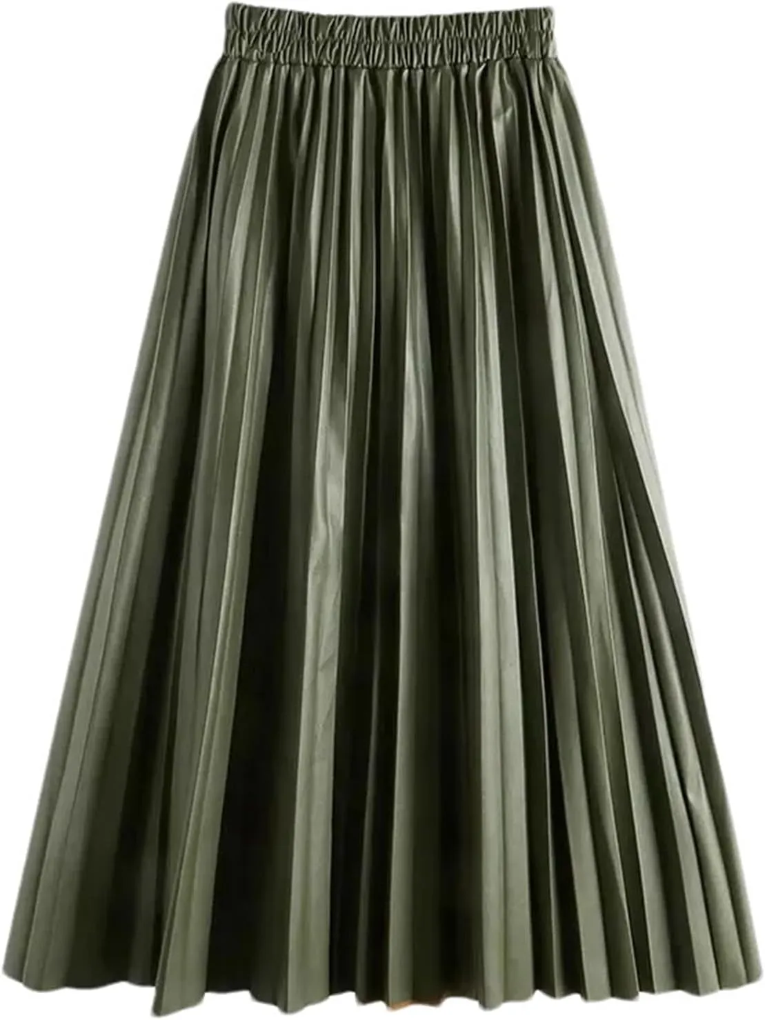 PU-Leather Pleated Skirt Women High Waist Fashion All-Match A-Line Mi-Long Skirt