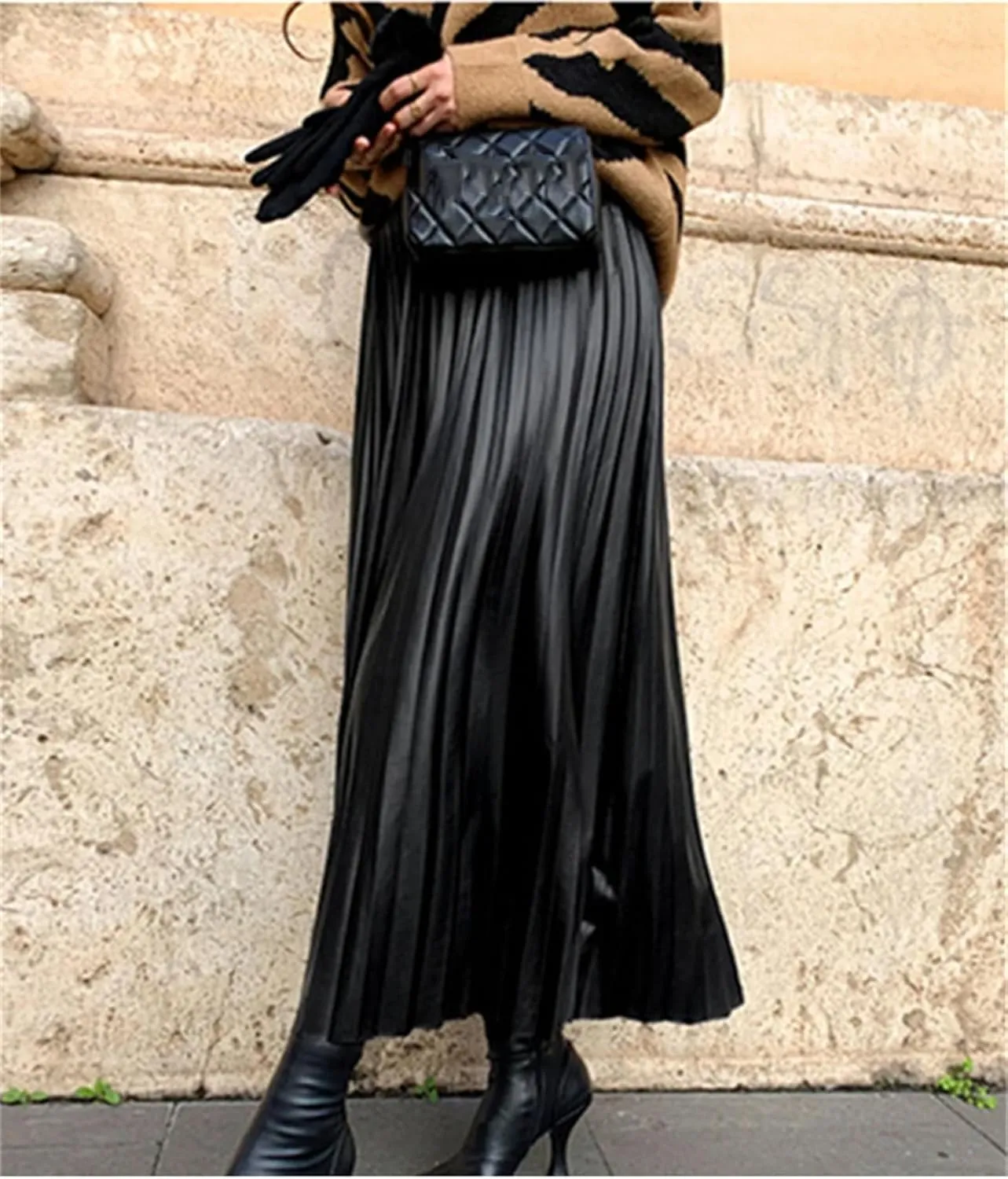 PU-Leather Pleated Skirt Women High Waist Fashion All-Match A-Line Mi-Long Skirt