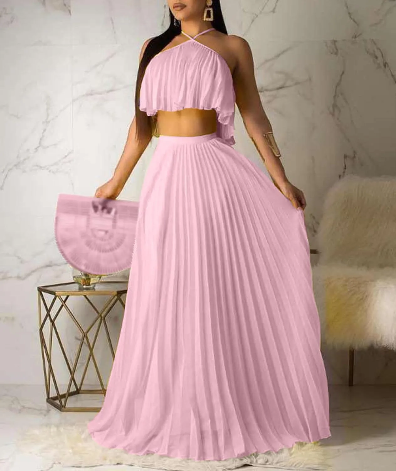 Raboolion Women's Halter Neck Sleevless Chiffon Maxi Dress Ruffle Crop Top and Flowy Pleated Skirts Sets Party Beach Sundress