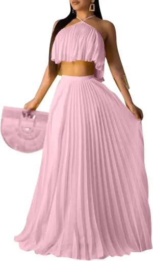 Raboolion Women's Halter Neck Sleevless Chiffon Maxi Dress Ruffle Crop Top and Flowy Pleated Skirts Sets Party Beach Sundress