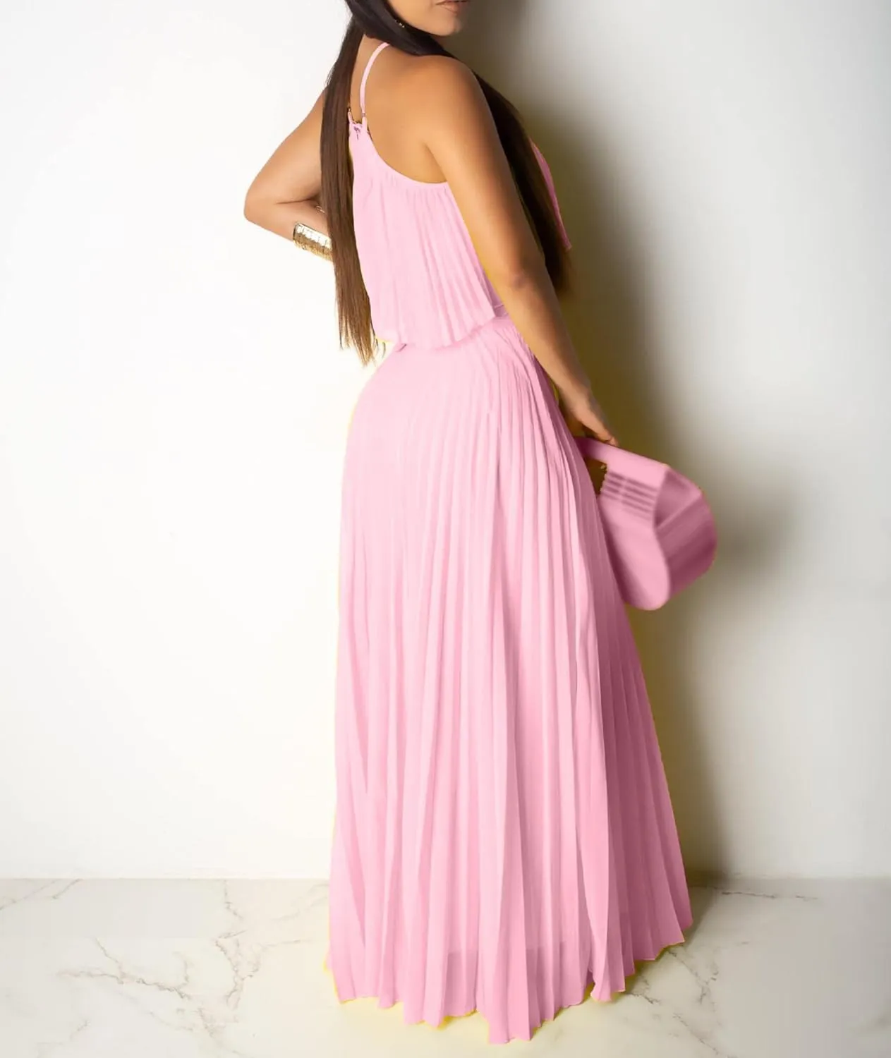 Raboolion Women's Halter Neck Sleevless Chiffon Maxi Dress Ruffle Crop Top and Flowy Pleated Skirts Sets Party Beach Sundress