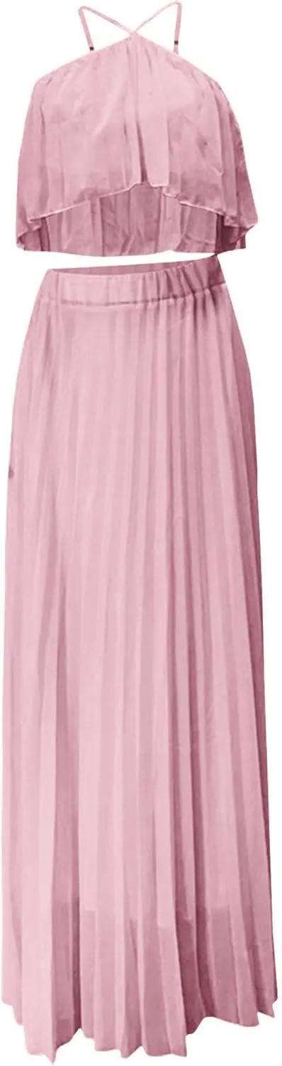 Raboolion Women's Halter Neck Sleevless Chiffon Maxi Dress Ruffle Crop Top and Flowy Pleated Skirts Sets Party Beach Sundress