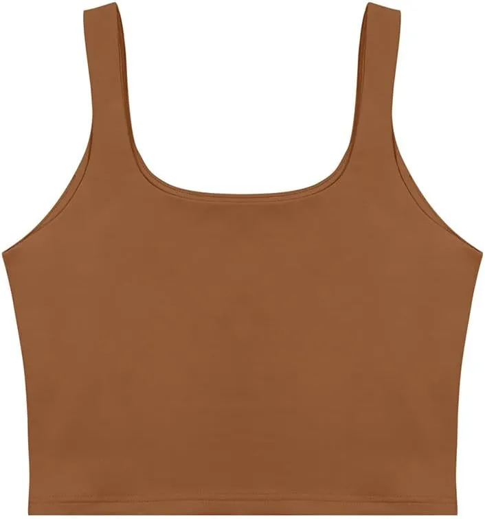 REORIA Womens Sexy Square Neck Double Lined Seamless Sleeveless Cropped Tank Yoga Crop Basic Tops
