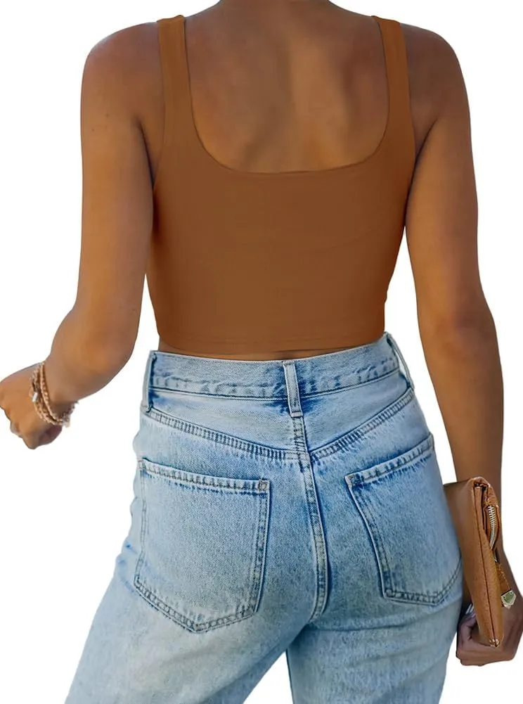 REORIA Womens Sexy Square Neck Double Lined Seamless Sleeveless Cropped Tank Yoga Crop Basic Tops