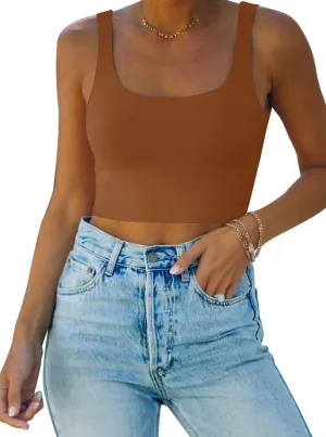 REORIA Womens Sexy Square Neck Double Lined Seamless Sleeveless Cropped Tank Yoga Crop Basic Tops