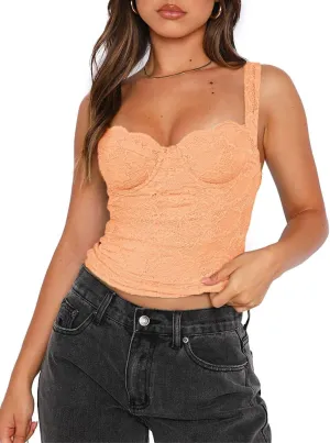 REORIA Women's Summer Sexy Square Neck Sleeveless Going Out Trendy Lace Bustier Tank Crop Tops
