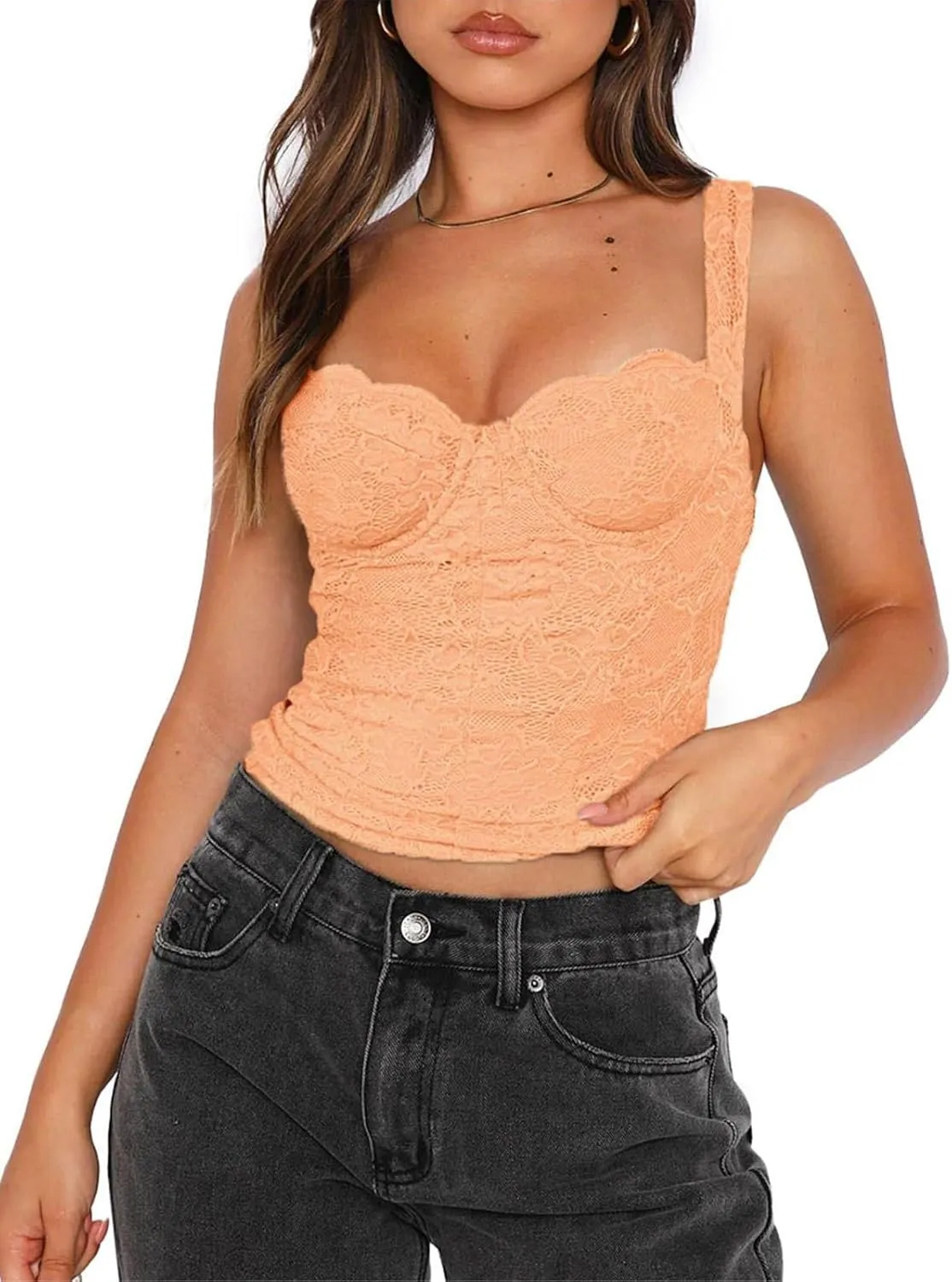 REORIA Women's Summer Sexy Square Neck Sleeveless Going Out Trendy Lace Bustier Tank Crop Tops