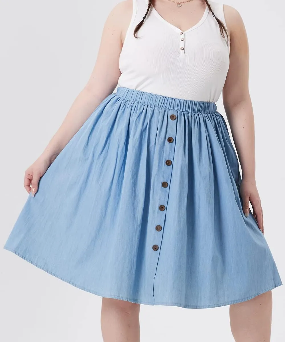 RITERA Plus Size Skirt for Women A Line Midi Denim Skirt Elastic Waist Front Button Skirts