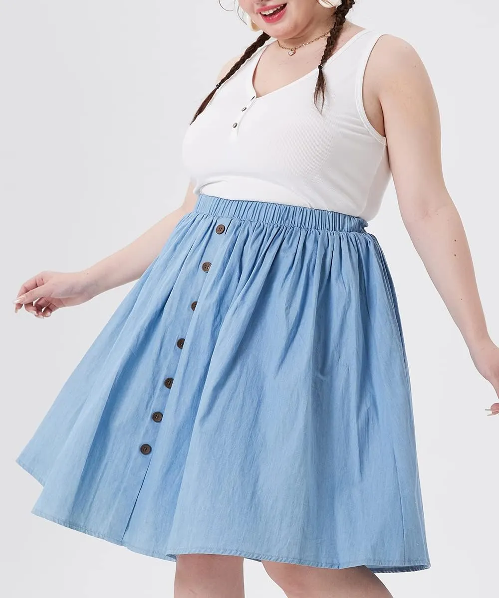 RITERA Plus Size Skirt for Women A Line Midi Denim Skirt Elastic Waist Front Button Skirts