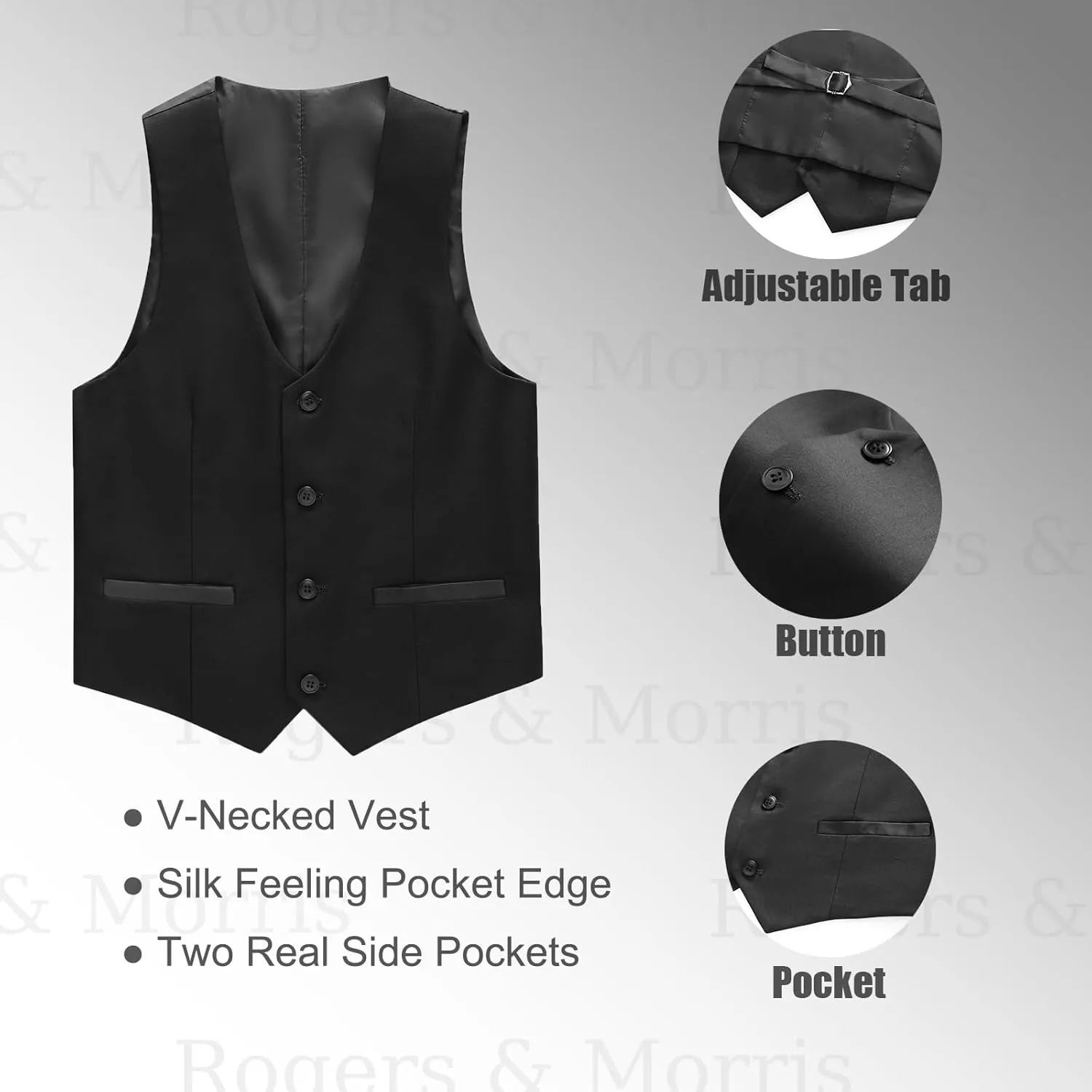 Rogers & Morris Boys Tuxedo Suit Formal Outfits Slim Fit Solid Kids 5 Piece Suit Set Peak Lapel