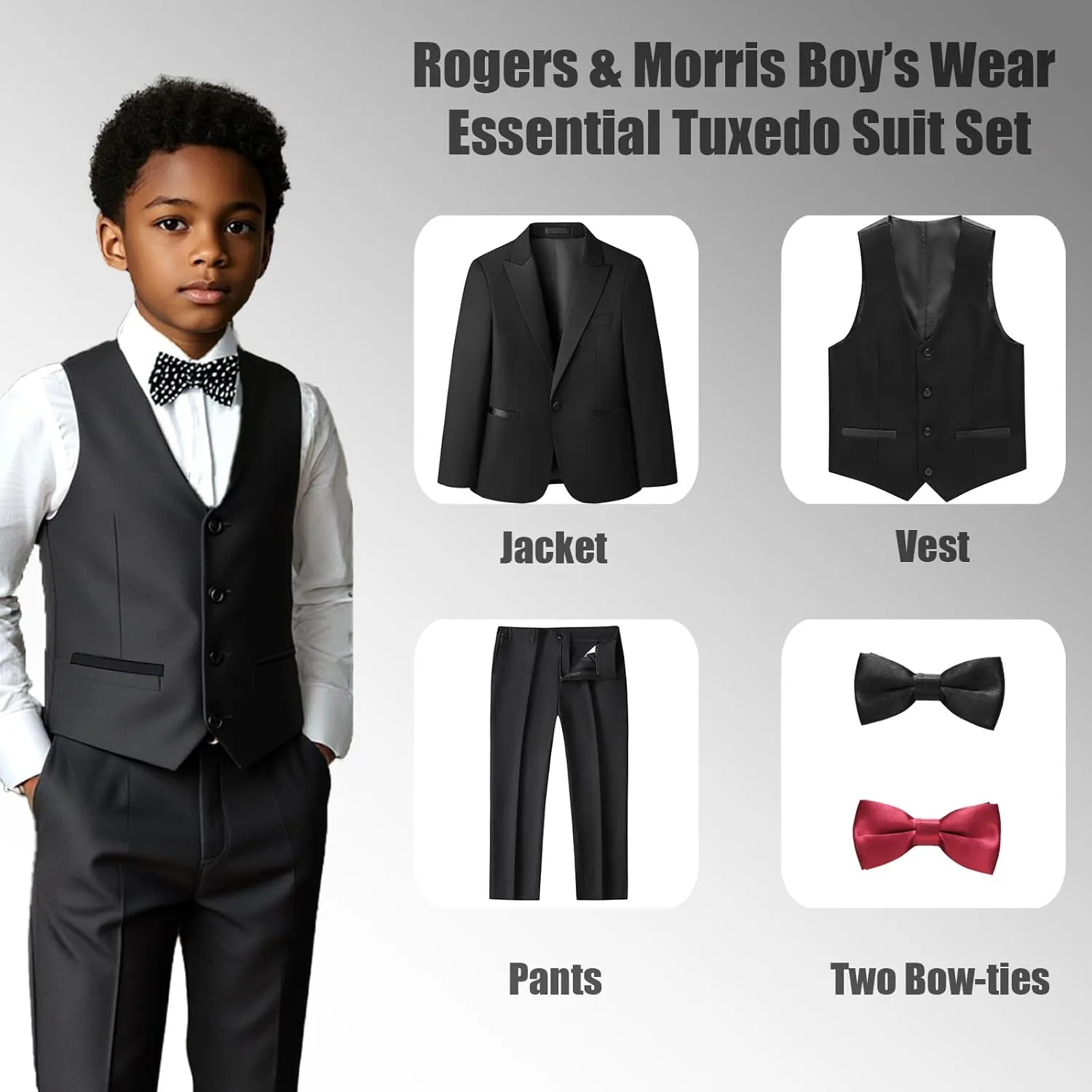 Rogers & Morris Boys Tuxedo Suit Formal Outfits Slim Fit Solid Kids 5 Piece Suit Set Peak Lapel