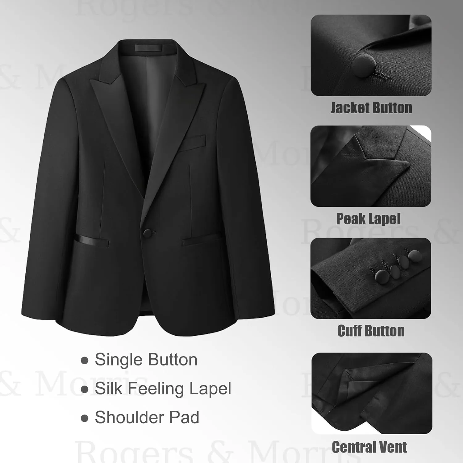 Rogers & Morris Boys Tuxedo Suit Formal Outfits Slim Fit Solid Kids 5 Piece Suit Set Peak Lapel